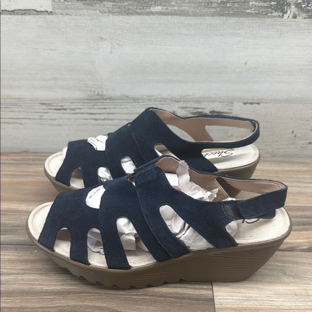 Skechers Navy Suede Open-Toe Wedge Sandals
